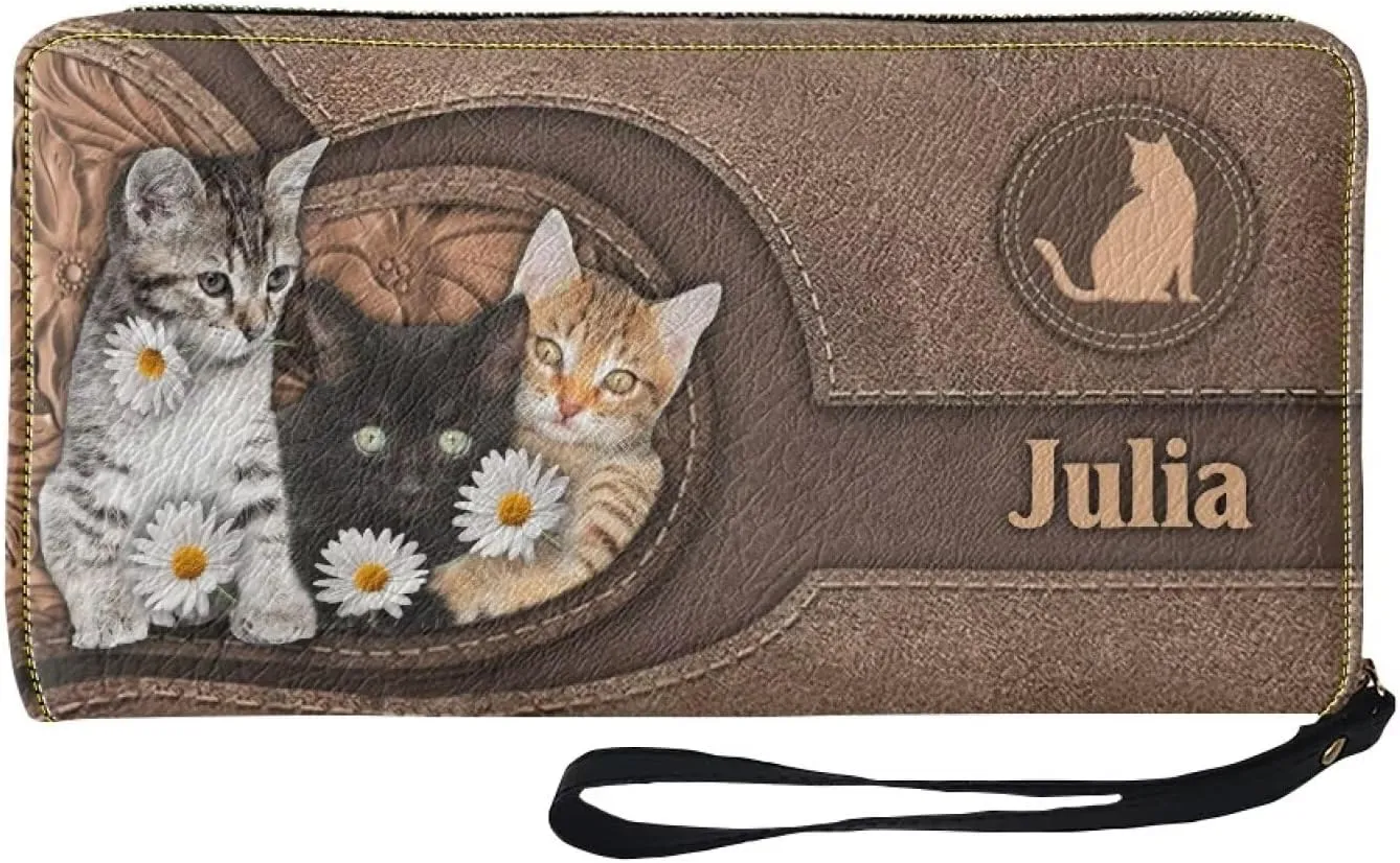 Customizable Wristlet Wallet With Name Personalized Cat Long Wallet Credit Card Large Capacity Zip Around Anniversarie Birthday Gift for Wife Pet Lover