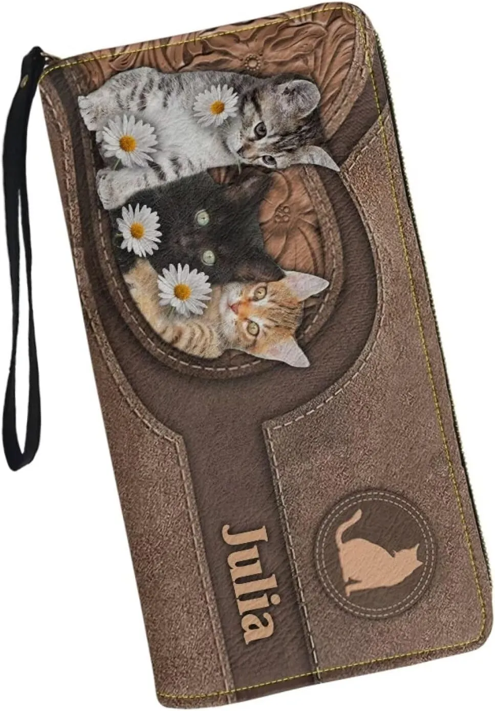 Customizable Wristlet Wallet With Name Personalized Cat Long Wallet Credit Card Large Capacity Zip Around Anniversarie Birthday Gift for Wife Pet Lover