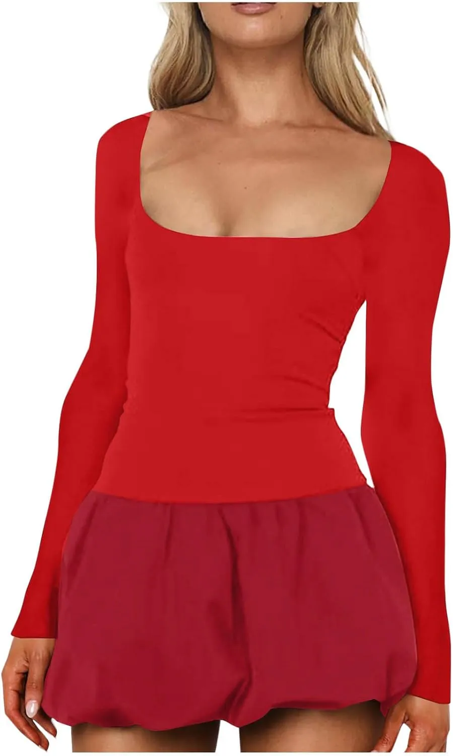 Cute Bubble Mini Dress for Women Slim Fit Scoop Neck Tops Patchwork Dresses Long Sleeve Y2K Color Block Short Dress