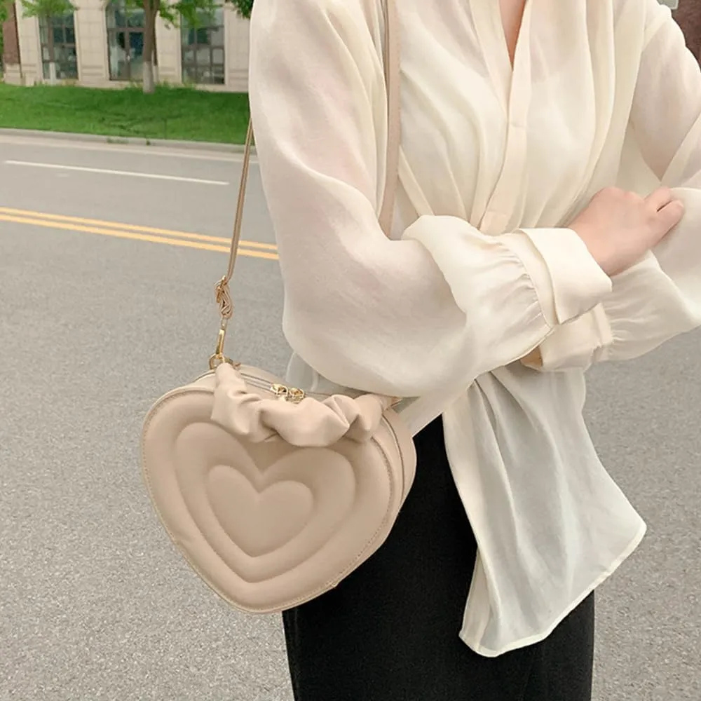 Cute Heart Shape Crossbody Shoulder Bag PU Leather Zip Satchel Purse for Women