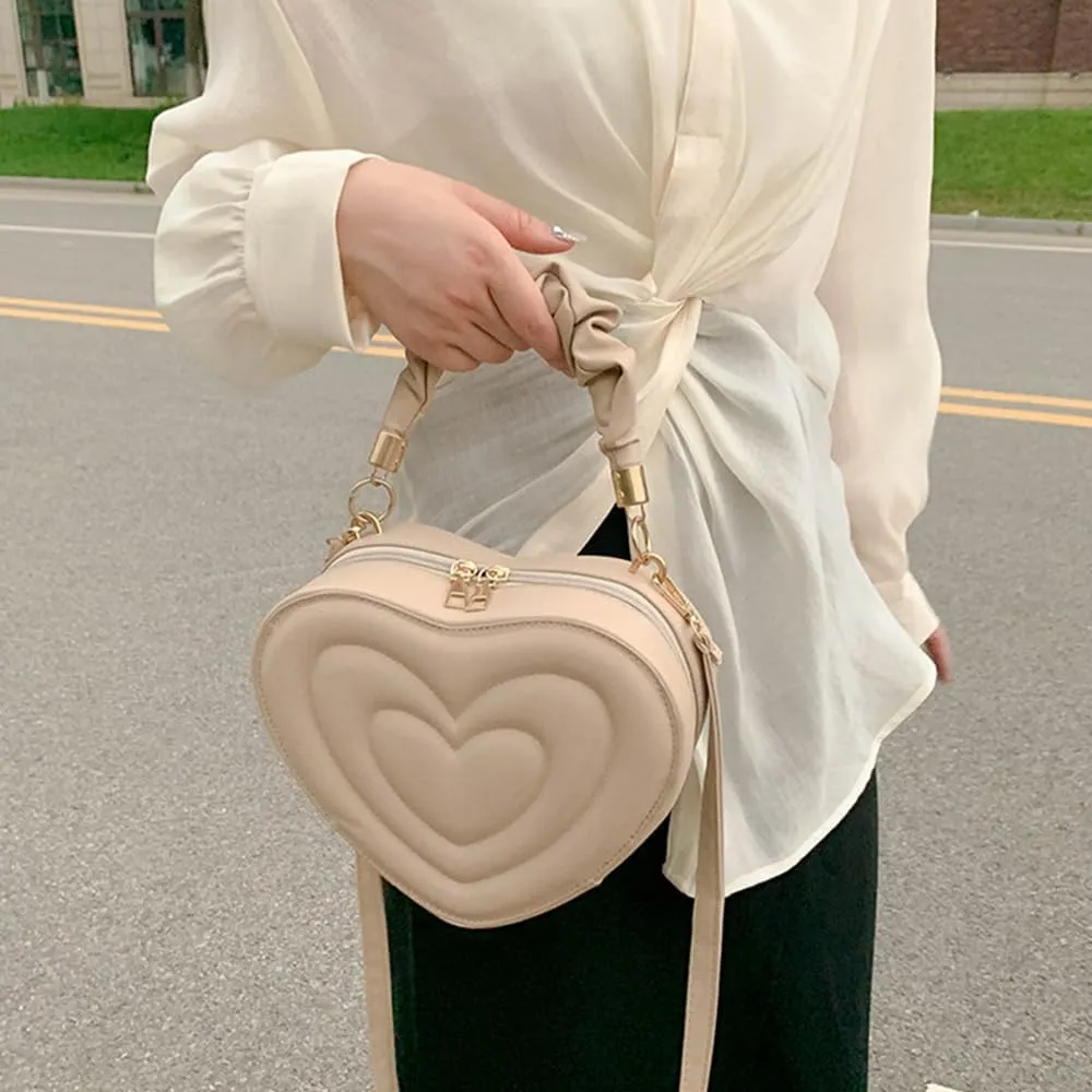 Cute Heart Shape Crossbody Shoulder Bag PU Leather Zip Satchel Purse for Women