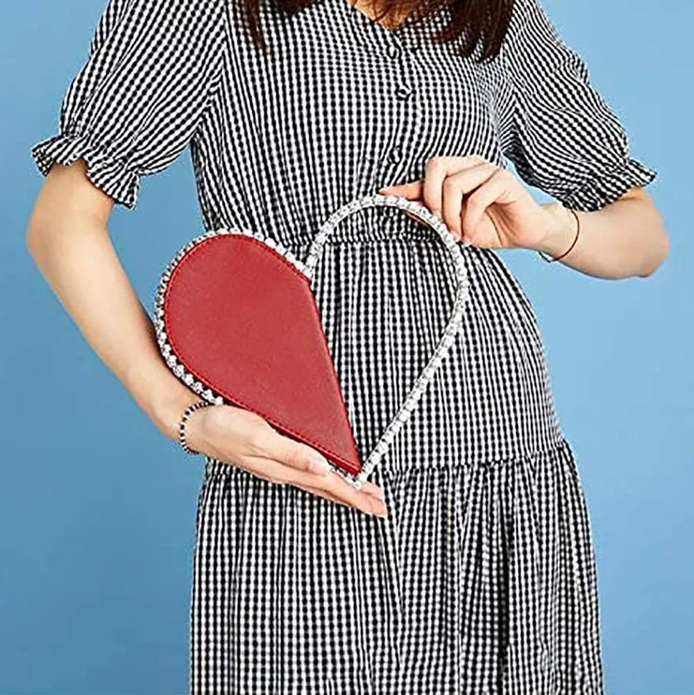 Cute Mini Heart Shape Evening Clutch Bag, Rhinestone Diamond Frame Wedding Party Purse Handbag for Women