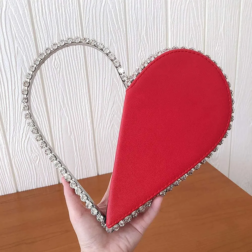 Cute Mini Heart Shape Evening Clutch Bag, Rhinestone Diamond Frame Wedding Party Purse Handbag for Women