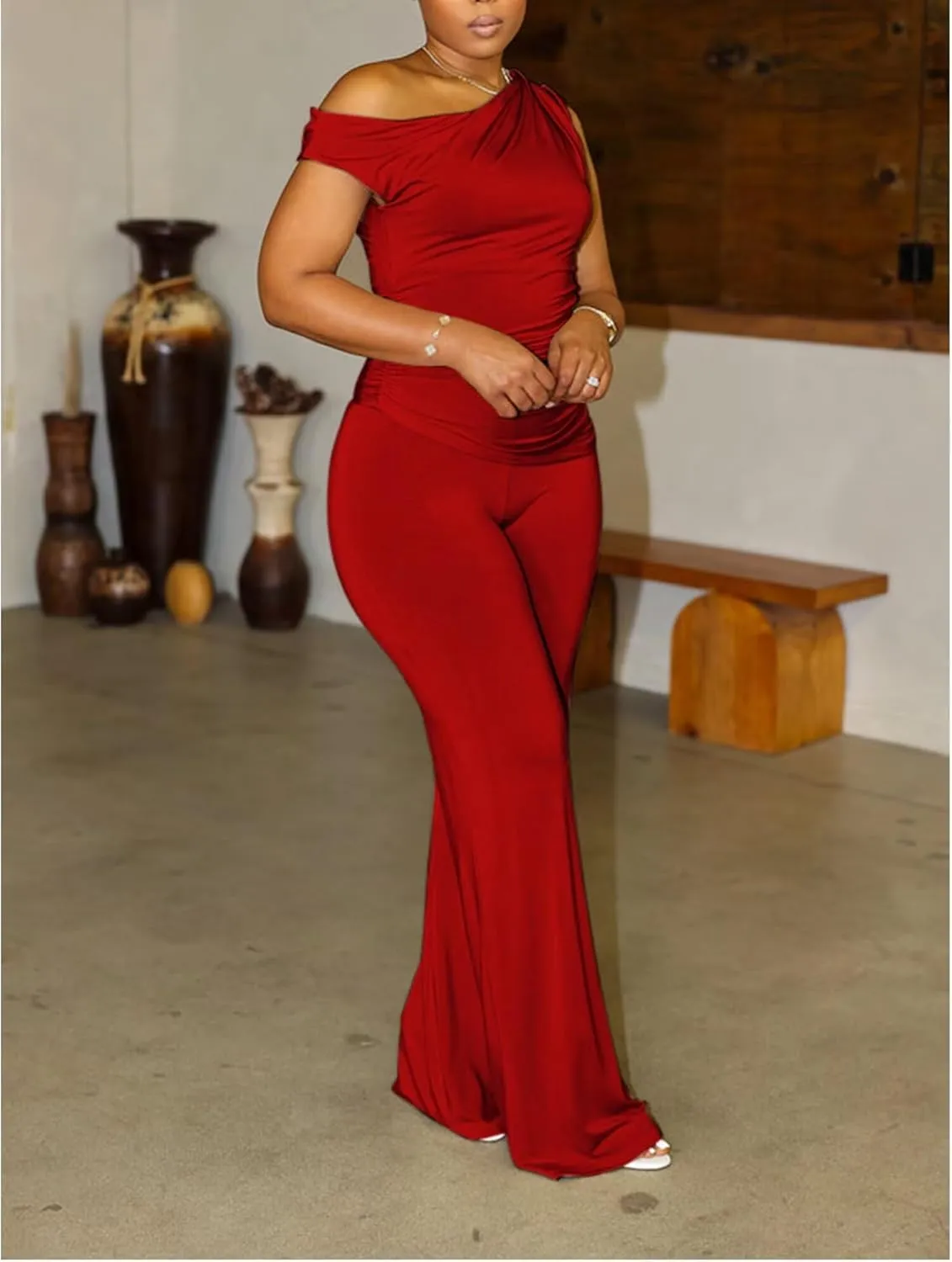 CXXQ 2 Piece Club Outfits for Women Clubwear Sexy Off Shoulder Ruched Crop Tops Bodycon Wide Leg Pant Sets Pantsuits