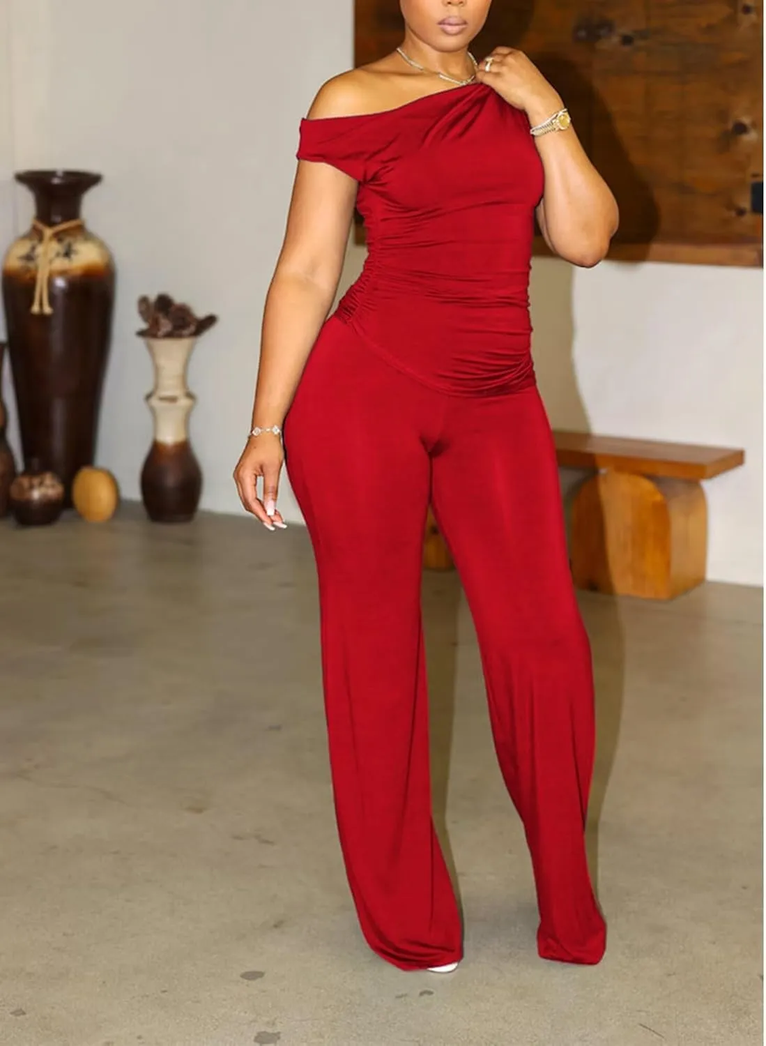 CXXQ 2 Piece Club Outfits for Women Clubwear Sexy Off Shoulder Ruched Crop Tops Bodycon Wide Leg Pant Sets Pantsuits