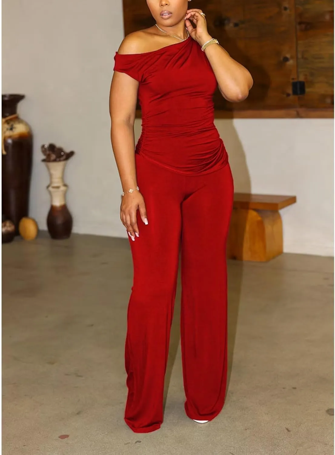 CXXQ 2 Piece Club Outfits for Women Clubwear Sexy Off Shoulder Ruched Crop Tops Bodycon Wide Leg Pant Sets Pantsuits