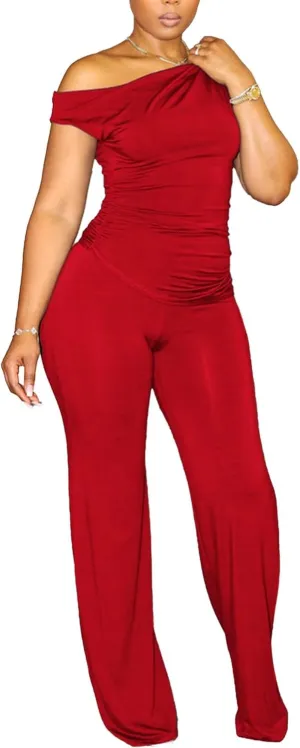 CXXQ 2 Piece Club Outfits for Women Clubwear Sexy Off Shoulder Ruched Crop Tops Bodycon Wide Leg Pant Sets Pantsuits