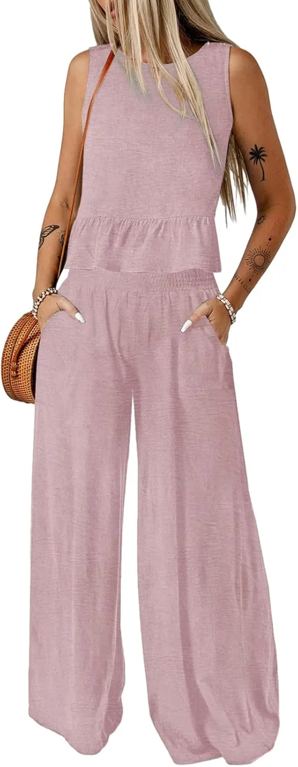Dokotoo Pants Sets Women 2 Piece Outfits Sleeveless Round Neck Tank Tops Matching Sets for Women Elastic Waist Wide Leg