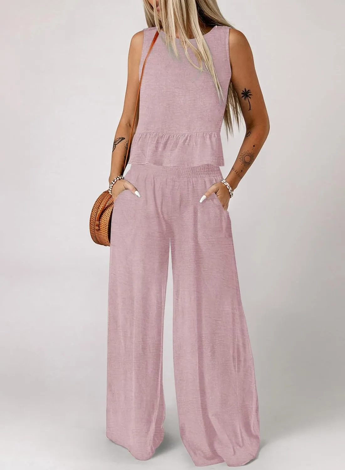 Dokotoo Pants Sets Women 2 Piece Outfits Sleeveless Round Neck Tank Tops Matching Sets for Women Elastic Waist Wide Leg