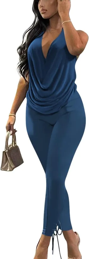 Doweha Women's Sexy Summer Two Piece Outfits Sleeveless Backless Deep V Neck Tank Tops And High Waisted Pants Matching Sets