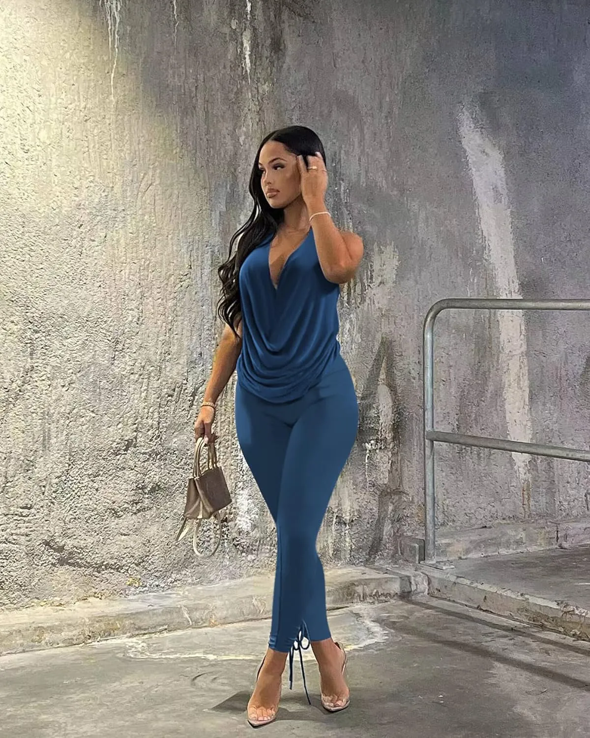 Doweha Women's Sexy Summer Two Piece Outfits Sleeveless Backless Deep V Neck Tank Tops And High Waisted Pants Matching Sets