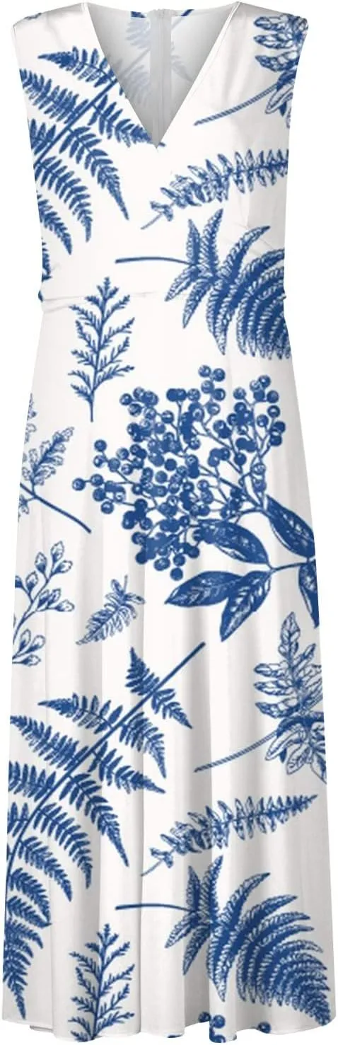 Dresses for Women 2024 Sleeveless Wrap V Neck Beach Dresses Flowy Ruched Floral Print Maxi Dress Flowy Boho Dress