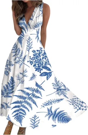 Dresses for Women 2024 Sleeveless Wrap V Neck Beach Dresses Flowy Ruched Floral Print Maxi Dress Flowy Boho Dress