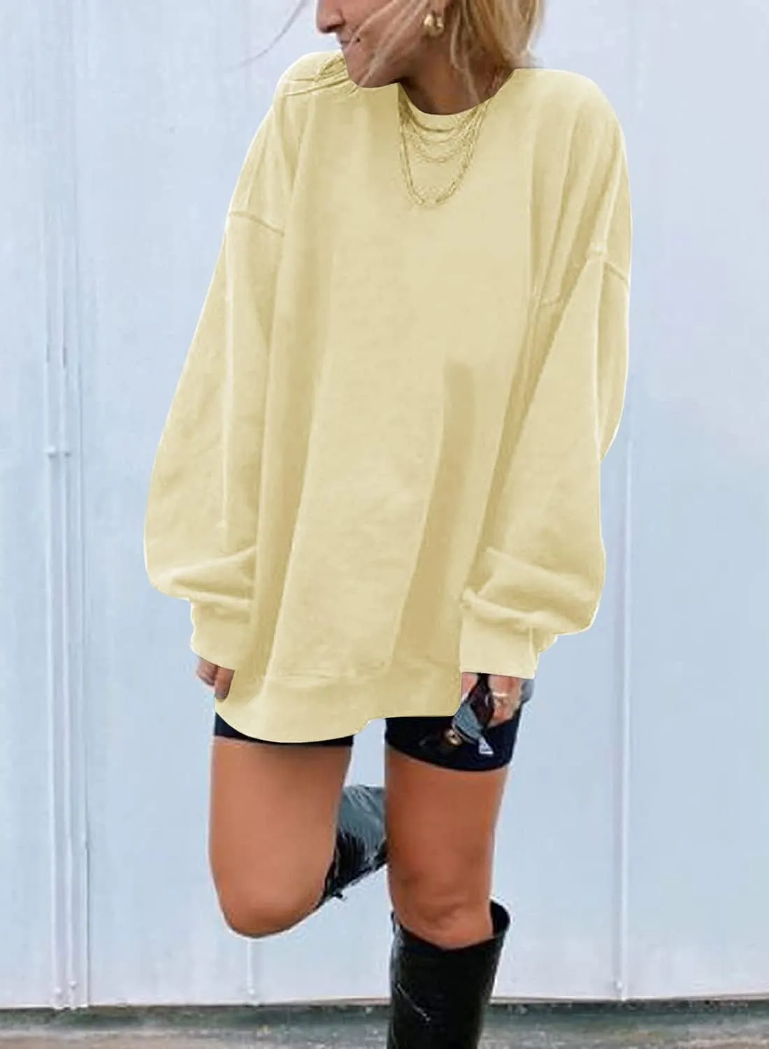 Ebifin Women's Oversized Long Sleeve Sweatshirts Pure Color Round Neck Casual Pullover Shirt