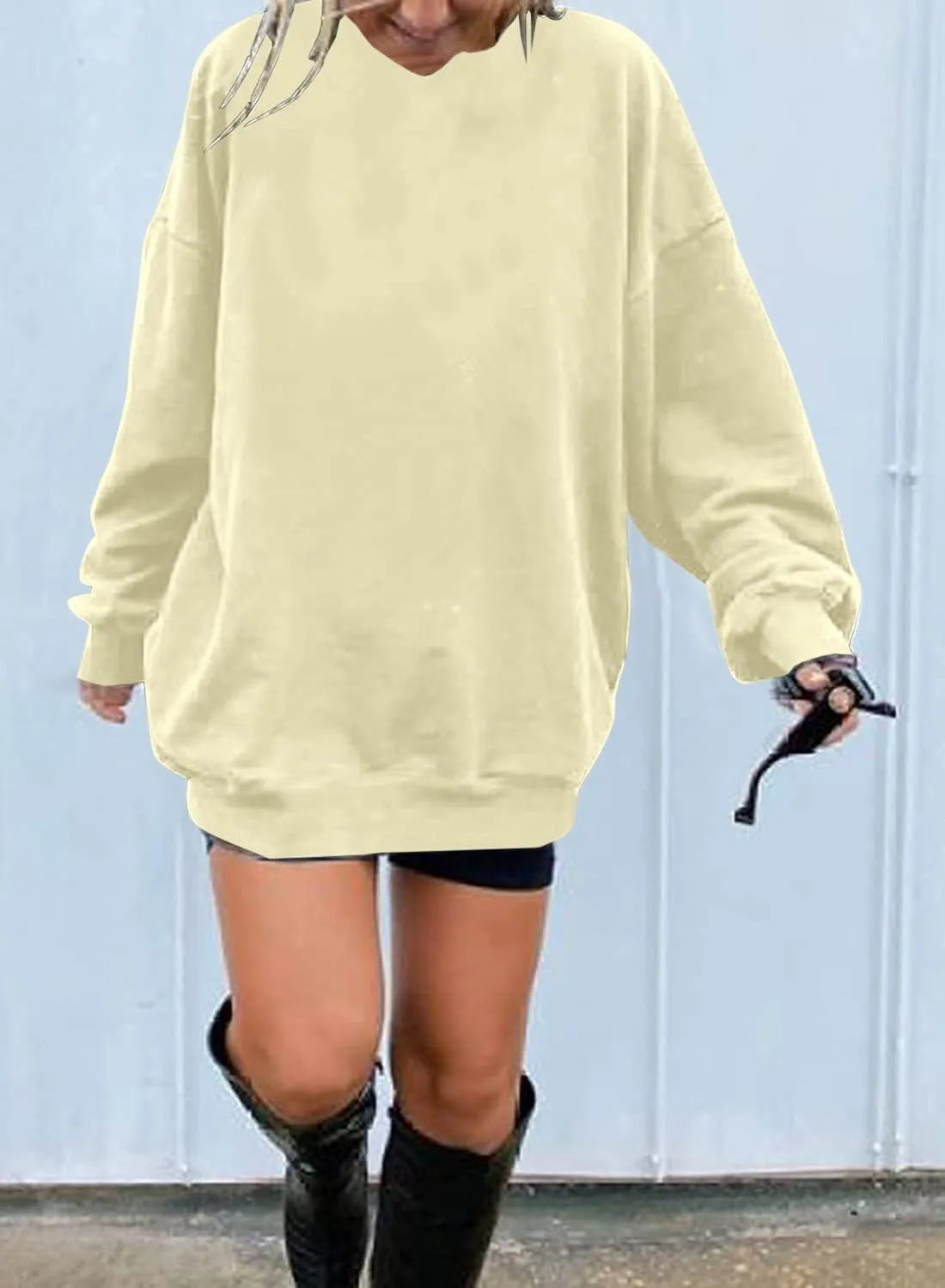 Ebifin Women's Oversized Long Sleeve Sweatshirts Pure Color Round Neck Casual Pullover Shirt
