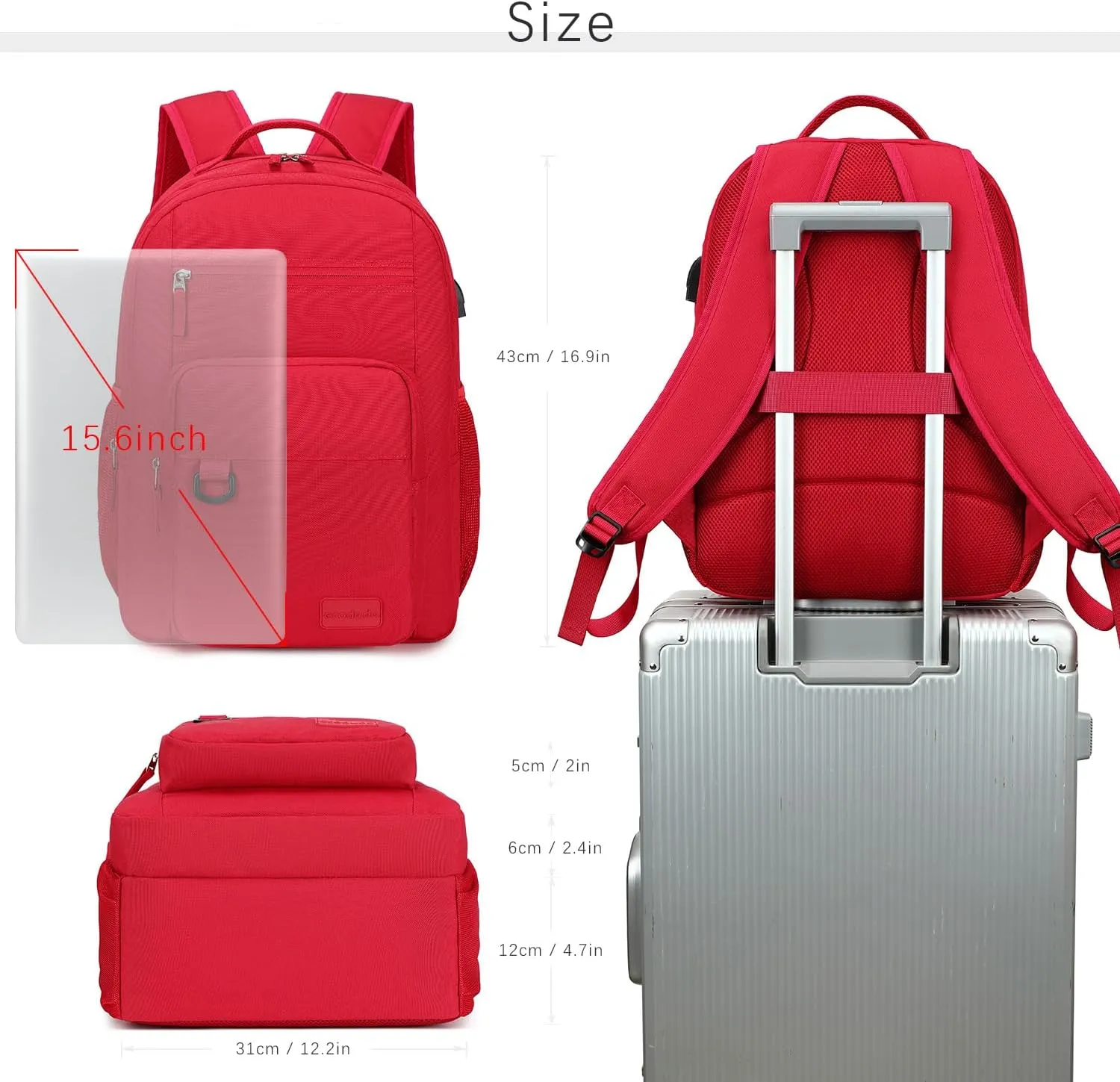 ecodudo School Backpack for Men and Women Water Resistant Daypack for College Work 15.6 inch Laptop Bookbag with USB Charging Port (Red)