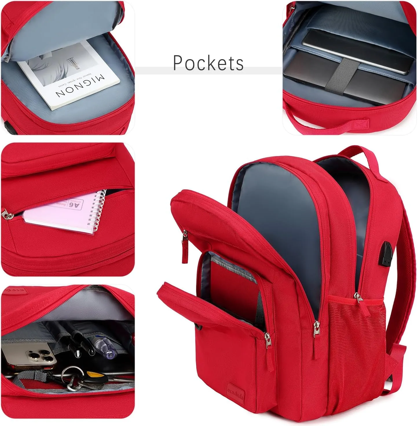 ecodudo School Backpack for Men and Women Water Resistant Daypack for College Work 15.6 inch Laptop Bookbag with USB Charging Port (Red)
