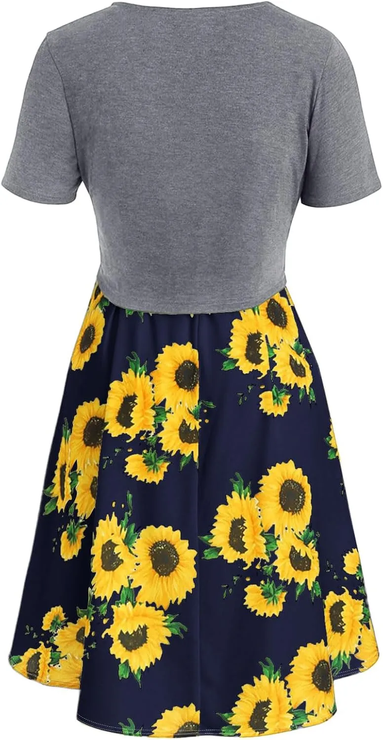 Eduavar Summer Dresses for Women 2024, Boho Dresses for Women 2024 Short Sleeve Bow-Knot Tops Sunflower Print Midi Dress