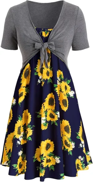 Eduavar Summer Dresses for Women 2024, Boho Dresses for Women 2024 Short Sleeve Bow-Knot Tops Sunflower Print Midi Dress