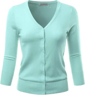 EIMIN Women's 3/4 Sleeve V-Neck Button Down Stretch Knit Cardigan Sweater (S-3X)