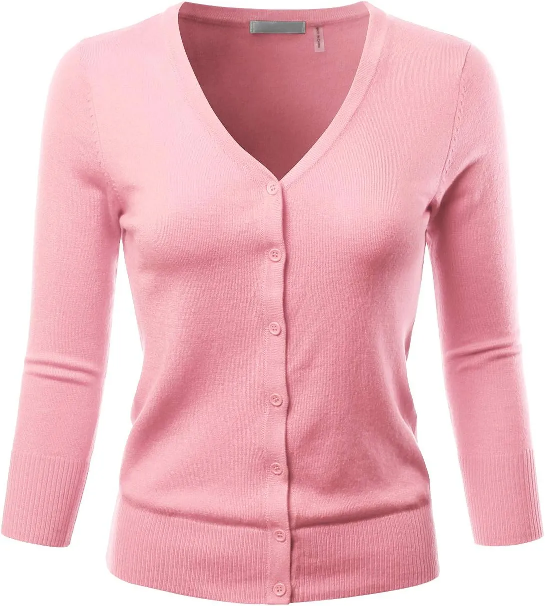 EIMIN Women's 3/4 Sleeve V-Neck Button Down Stretch Knit Cardigan Sweater (S-3X)