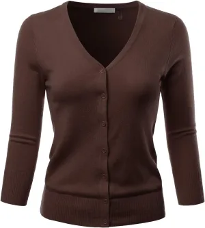 EIMIN Women's 3/4 Sleeve V-Neck Button Down Stretch Knit Cardigan Sweater (S-3X)