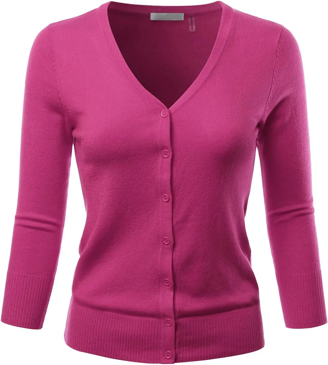 EIMIN Women's 3/4 Sleeve V-Neck Button Down Stretch Knit Cardigan Sweater (S-3X)