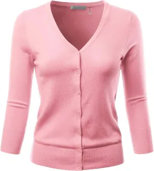 EIMIN Women's 3/4 Sleeve V-Neck Button Down Stretch Knit Cardigan Sweater (S-3X)
