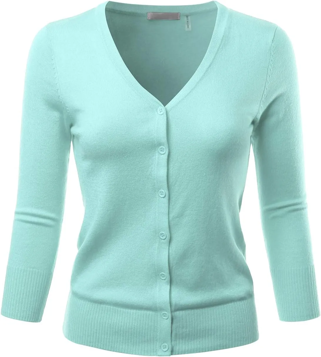 EIMIN Women's 3/4 Sleeve V-Neck Button Down Stretch Knit Cardigan Sweater (S-3X)