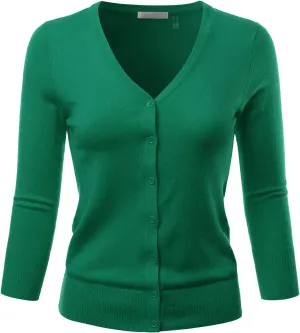 EIMIN Women's 3/4 Sleeve V-Neck Button Down Stretch Knit Cardigan Sweater (S-3X)