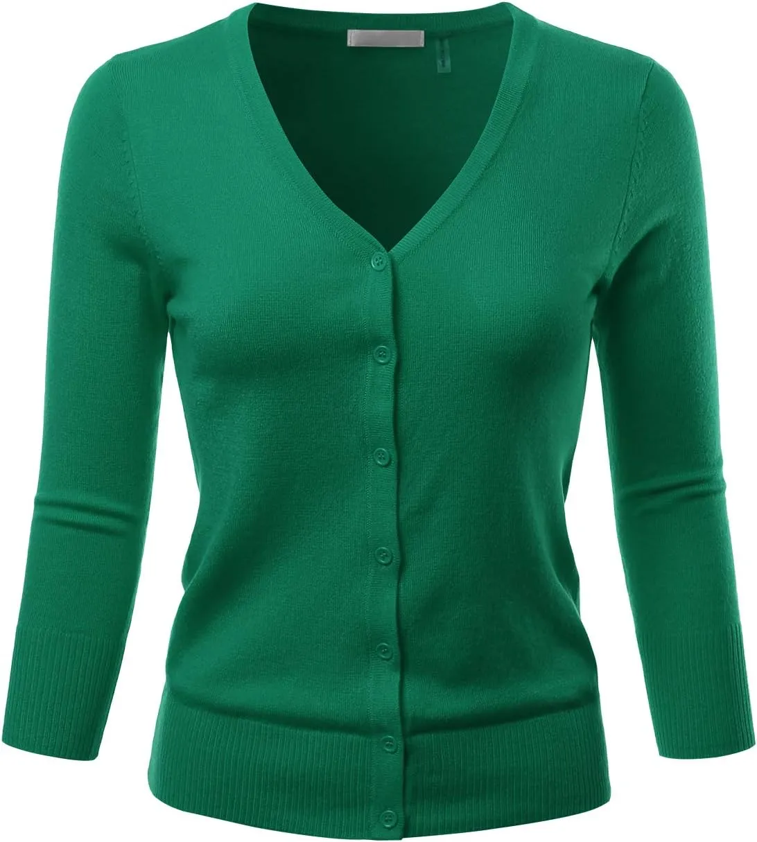 EIMIN Women's 3/4 Sleeve V-Neck Button Down Stretch Knit Cardigan Sweater (S-3X)