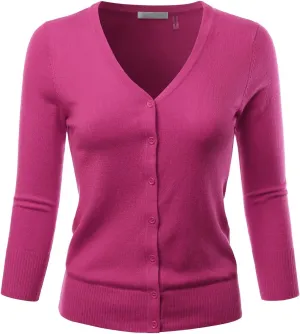 EIMIN Women's 3/4 Sleeve V-Neck Button Down Stretch Knit Cardigan Sweater (S-3X)