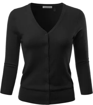 EIMIN Women's 3/4 Sleeve V-Neck Button Down Stretch Knit Cardigan Sweater (S-3X)