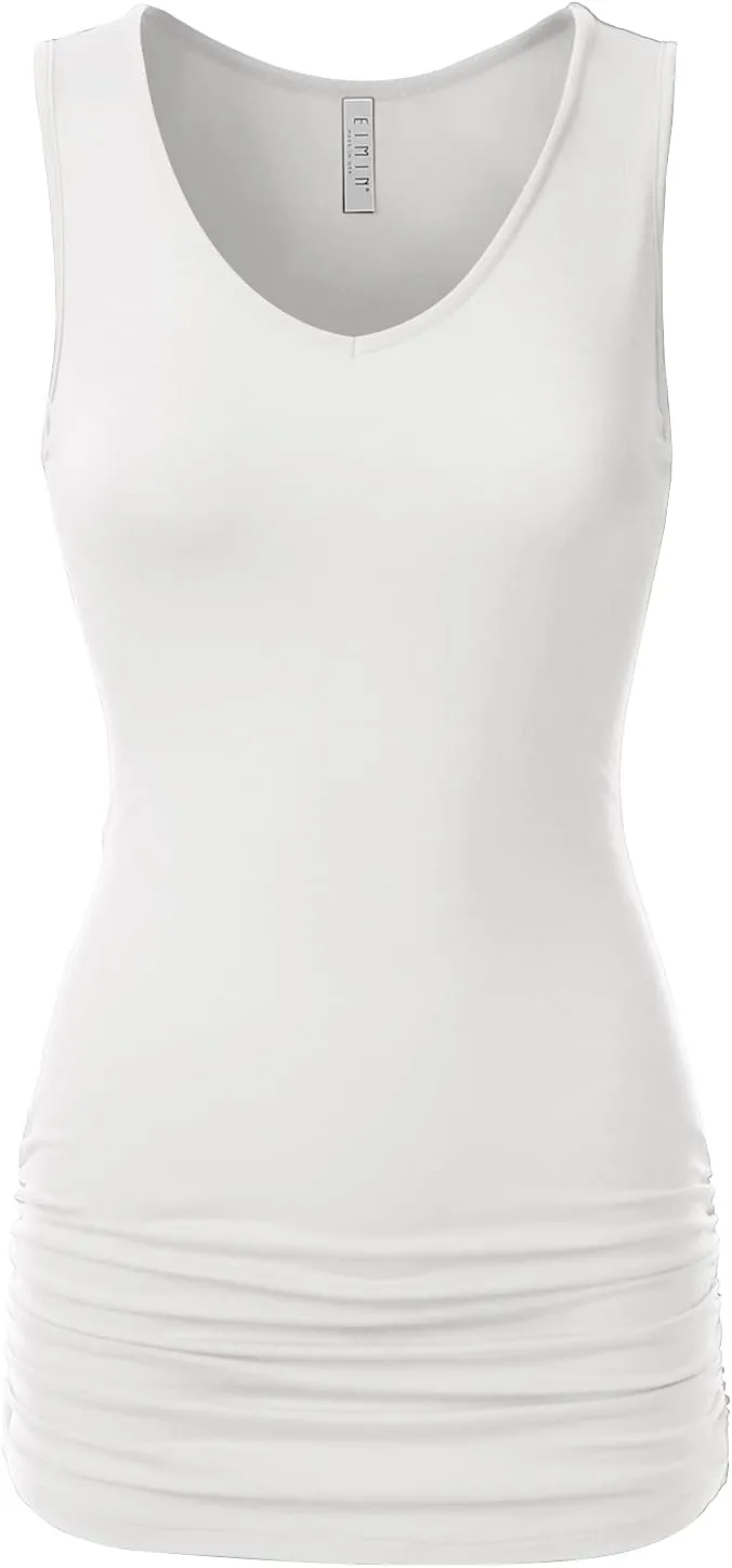 EIMIN Women's V-Neck Cami Sleeveless Stretch Comfy Shirring Tank Top (S-3XL)