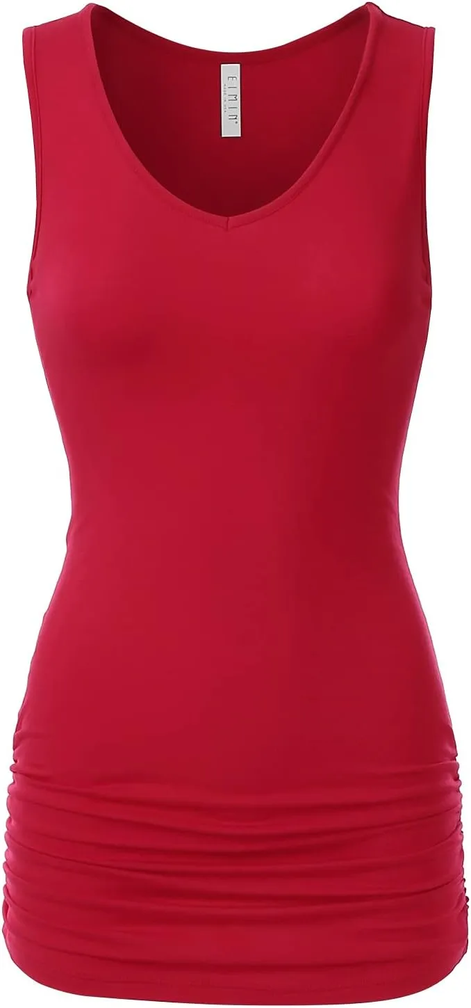 EIMIN Women's V-Neck Cami Sleeveless Stretch Comfy Shirring Tank Top (S-3XL)
