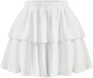 Elastic Waist Two Layer Hem Skort Shorts for Women