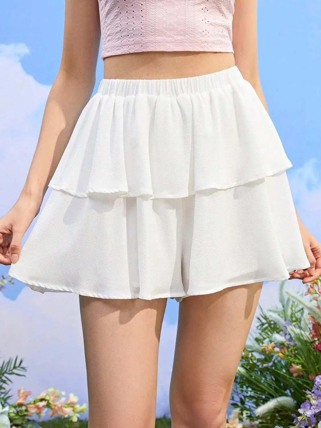 Elastic Waist Two Layer Hem Skort Shorts for Women