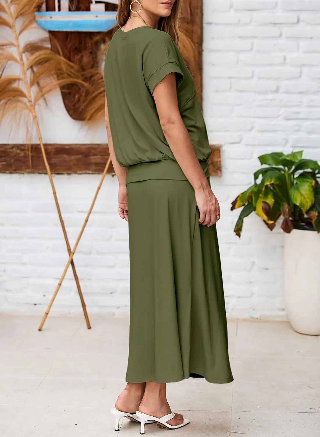 EVALESS Women's 2 Piece Sets Skirt Outfits Casual Short Sleeve Knit Tops Matching A-Line Midi Skirts Dresses Lounge Set