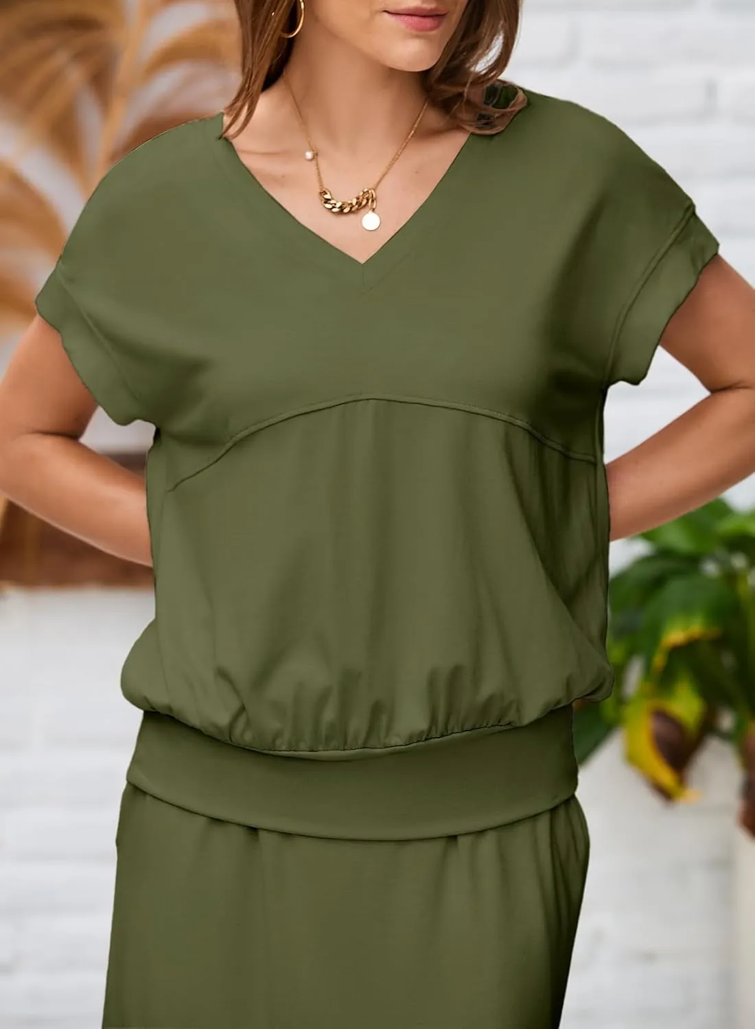 EVALESS Women's 2 Piece Sets Skirt Outfits Casual Short Sleeve Knit Tops Matching A-Line Midi Skirts Dresses Lounge Set