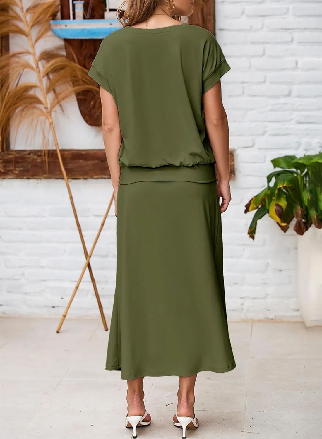 EVALESS Women's 2 Piece Sets Skirt Outfits Casual Short Sleeve Knit Tops Matching A-Line Midi Skirts Dresses Lounge Set