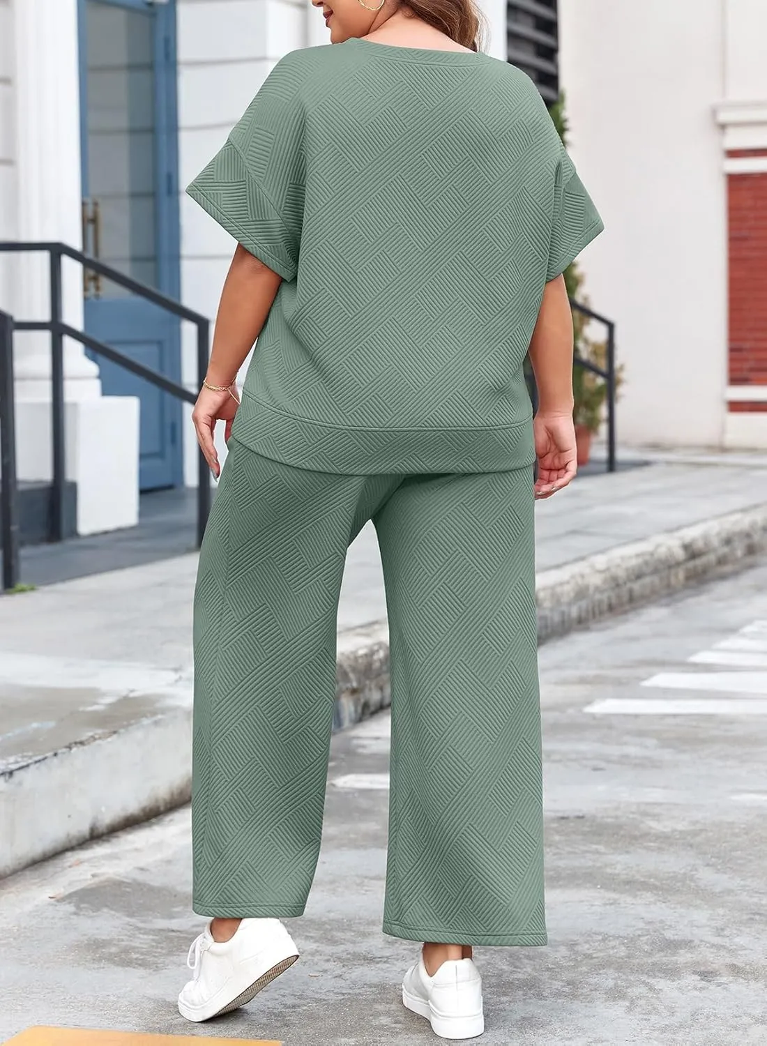 Eytino Womens Plus Size Sweatsuits Casual Short Sleeve Tops High Waist Wide Leg Pants 2 Piece Tracksuit Lounge Sets(1X-5X)