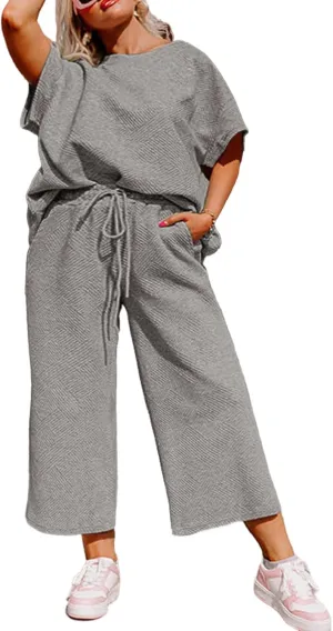 Eytino Womens Plus Size Sweatsuits Casual Short Sleeve Tops High Waist Wide Leg Pants 2 Piece Tracksuit Lounge Sets(1X-5X)