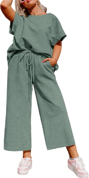 Eytino Womens Plus Size Sweatsuits Casual Short Sleeve Tops High Waist Wide Leg Pants 2 Piece Tracksuit Lounge Sets(1X-5X)