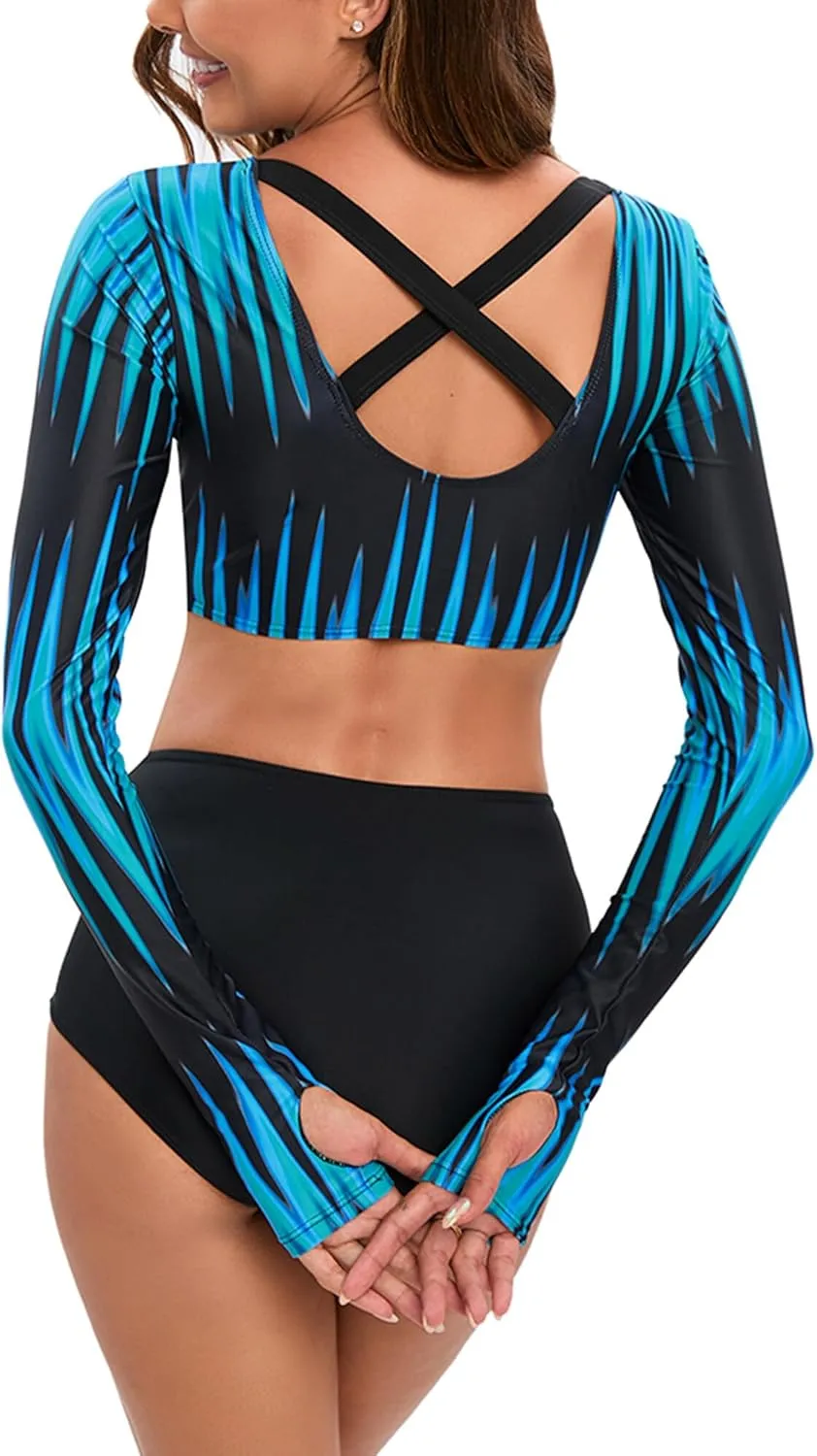 FEOYA Two Piece Swimsuits for Women Bikini Set High Waisted Bathing Suits Crop Tops with Boyshorts Bottom Quick Dry Swimwear