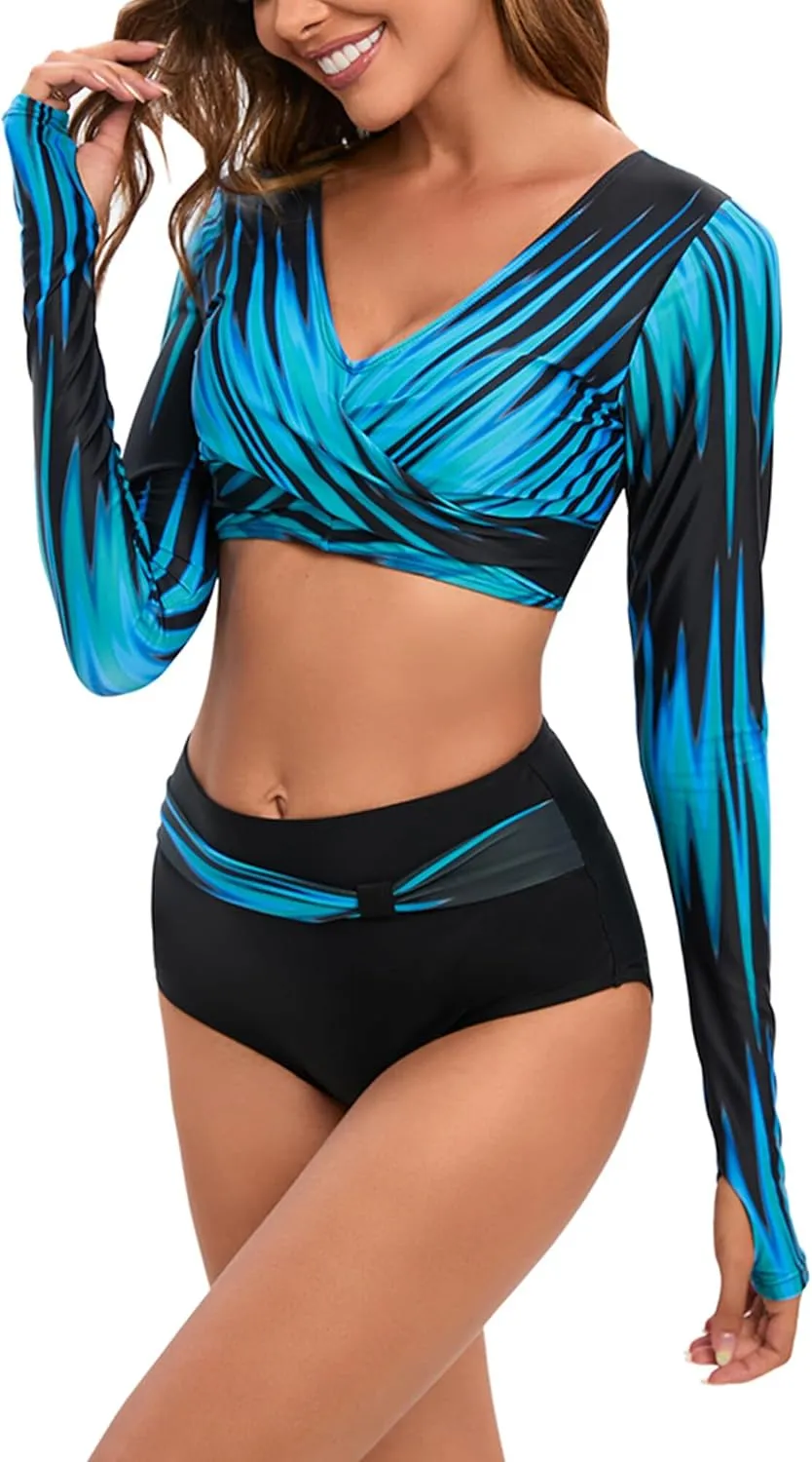 FEOYA Two Piece Swimsuits for Women Bikini Set High Waisted Bathing Suits Crop Tops with Boyshorts Bottom Quick Dry Swimwear