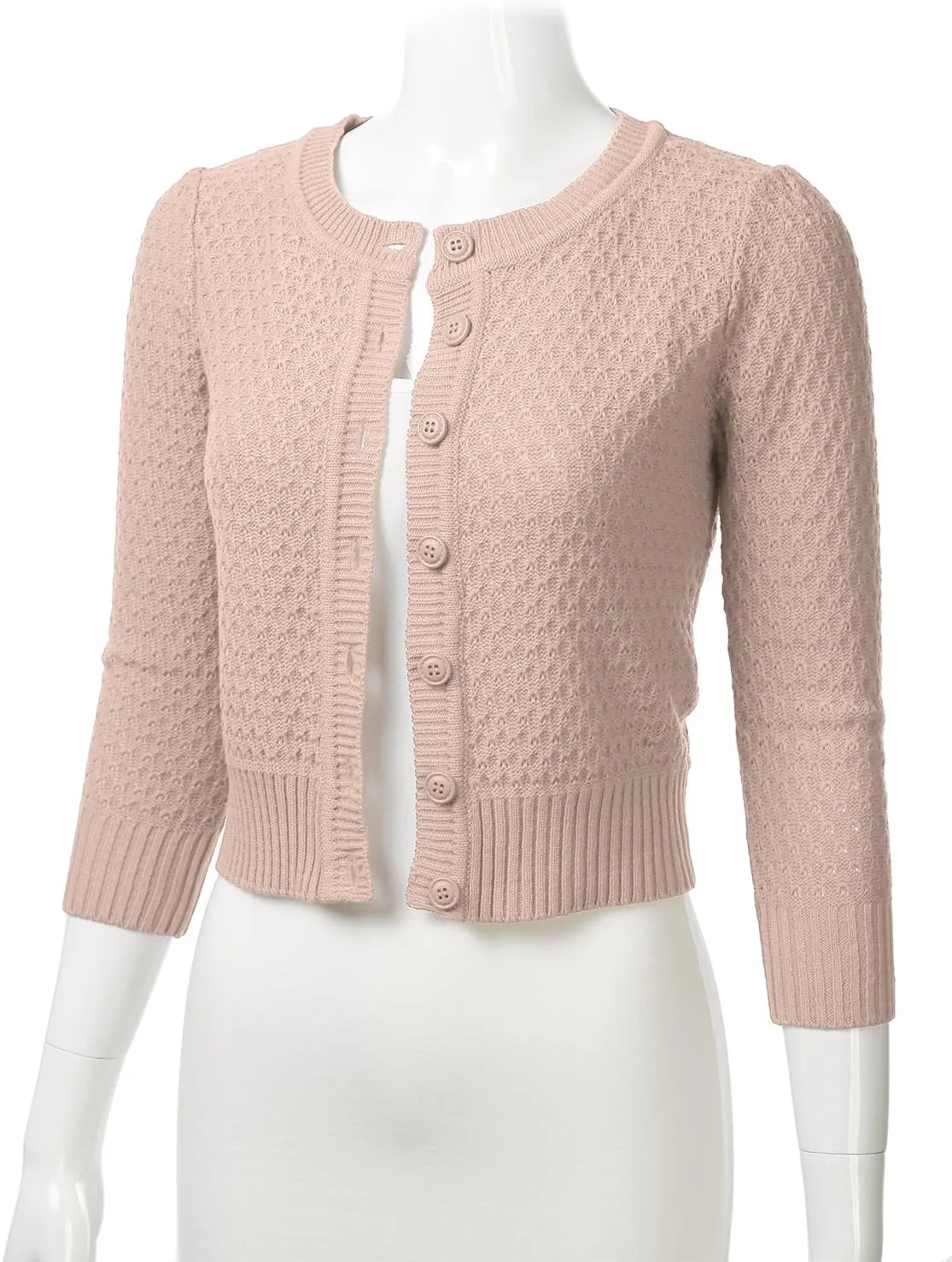 FLORIA Women's Button Down 3/4 Sleeve Crew Neck Cotton Knit Cropped Cardigan Sweater (S-3X)