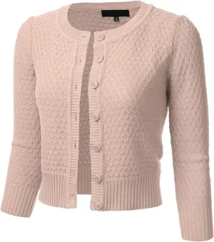 FLORIA Women's Button Down 3/4 Sleeve Crew Neck Cotton Knit Cropped Cardigan Sweater (S-3X)