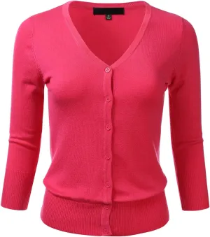 FLORIA Women's Button Down 3/4 Sleeve V-Neck Stretch Knit Cardigan Sweater (S-3X)