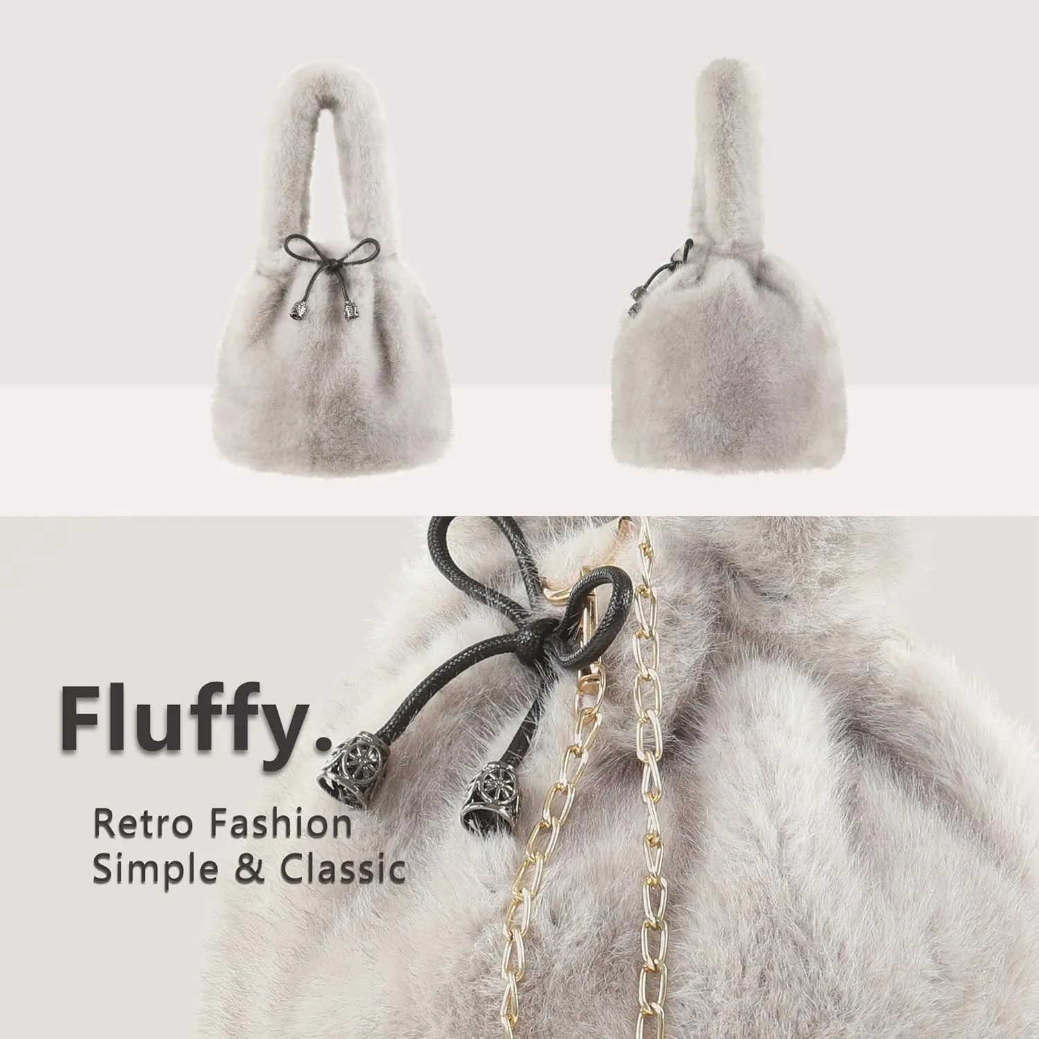 Fur Story Tote Bag Faux Fur Purses for Women Plush Handbag Fuzzy Shoulder Bag Big Capacity Black Purse for womens Girls