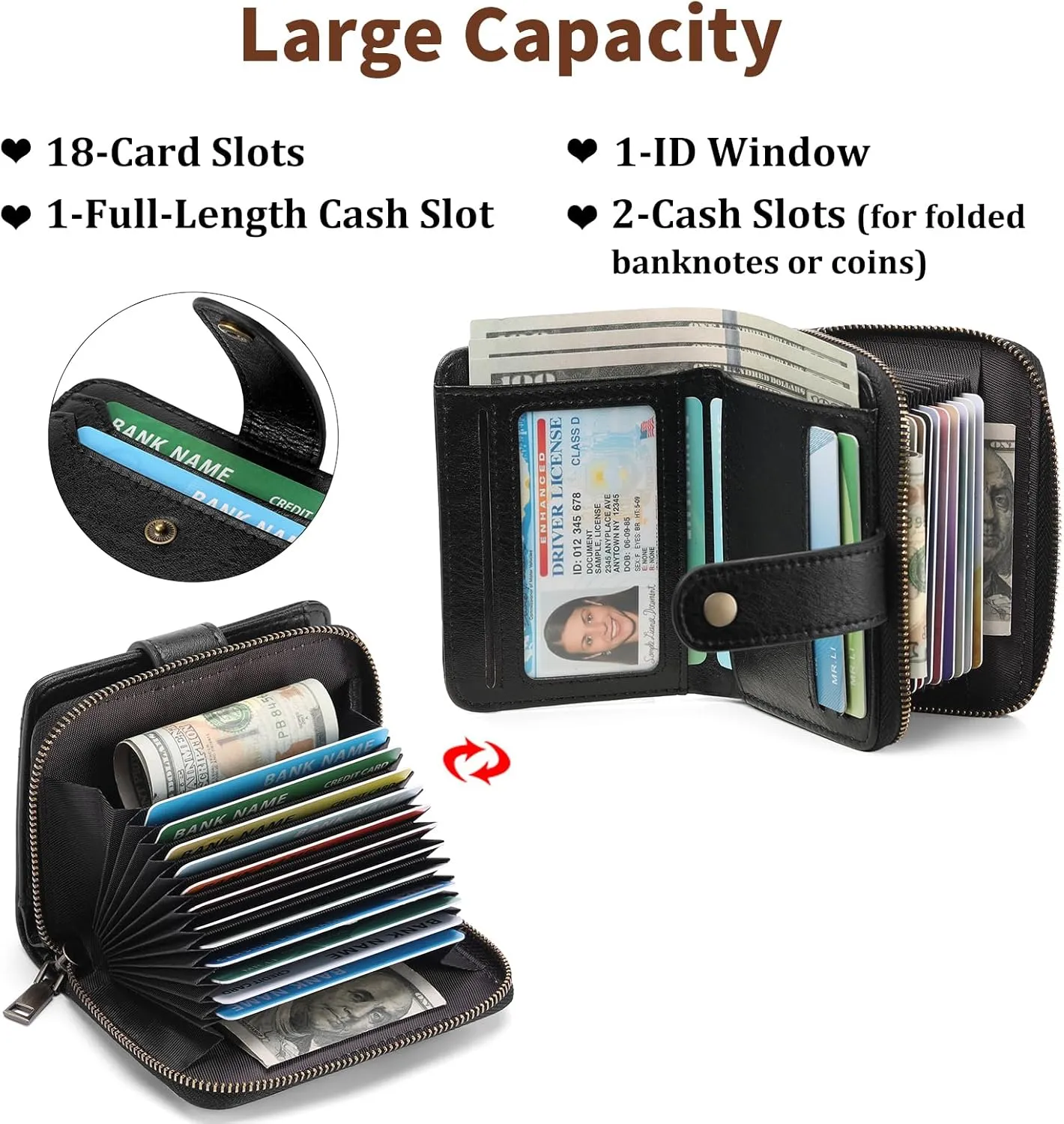 GAEKEAO Small Wallet for Women Leather RFID Blocking Bifold Zipper Pocket Credit Card Holder Card Case Wallets with ID Window